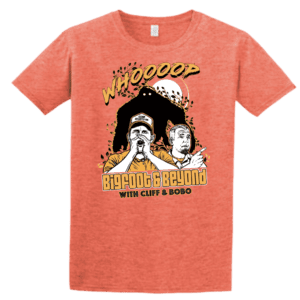 a peach Bigfoot & Beyond shirt